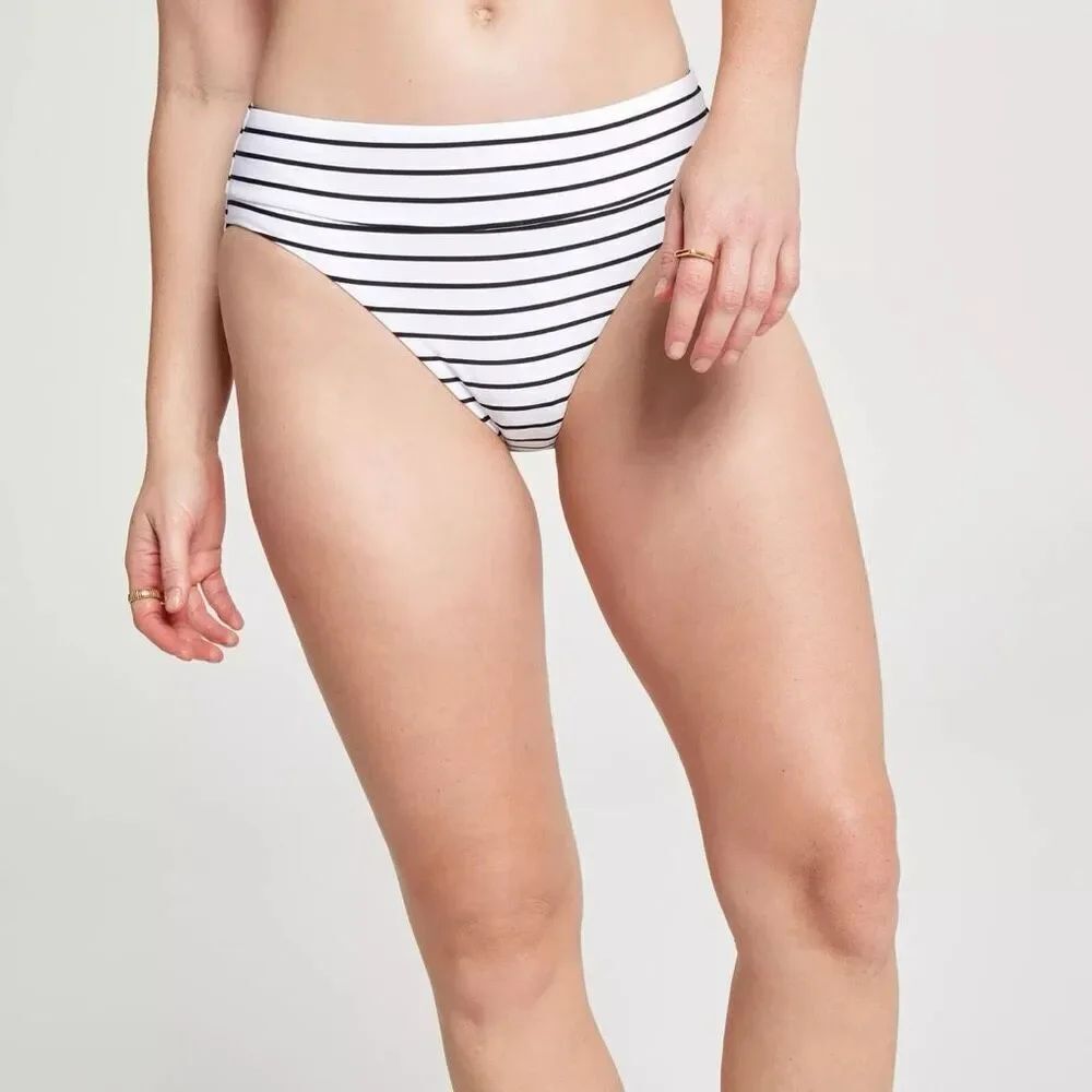 CALIA Women's Mid Rise Wide Banded High Leg Swim Bottoms Black/White Sz XL NWT